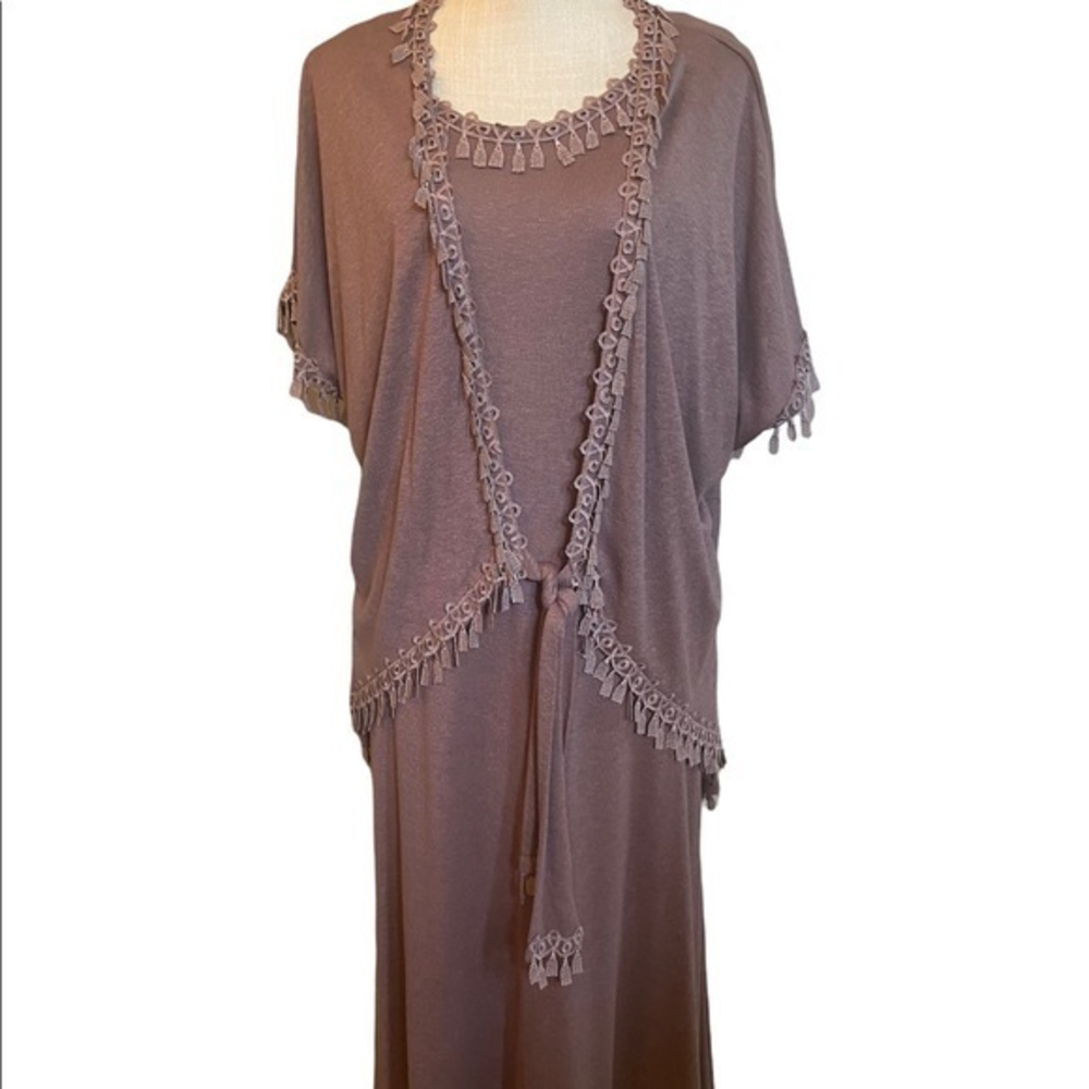 Linda Lundstrom dress‎ with short sleeve jacket brown eggplant color with fringe
